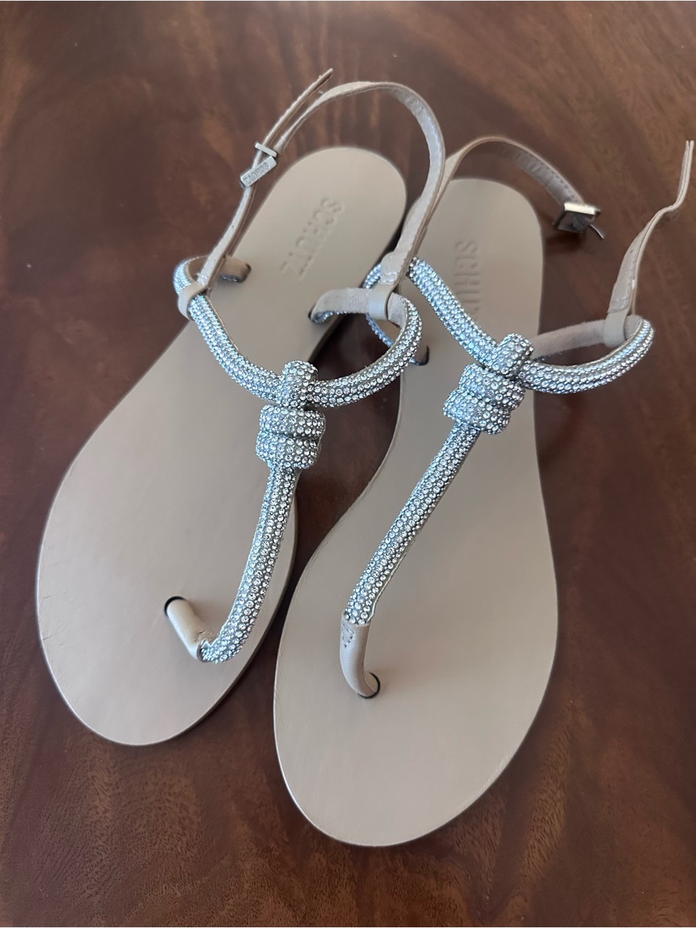 Schutz Pearly Embellished T-Strap Sandals size 8.5